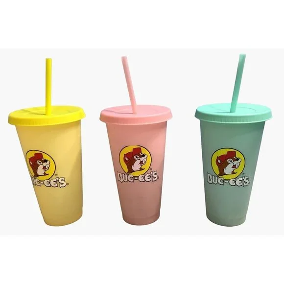 3 Buc-ee's Bucee's Tumbler 25oz Color Changing Cup Lid Straw Pink Green Yellow - Picture 1 of 12